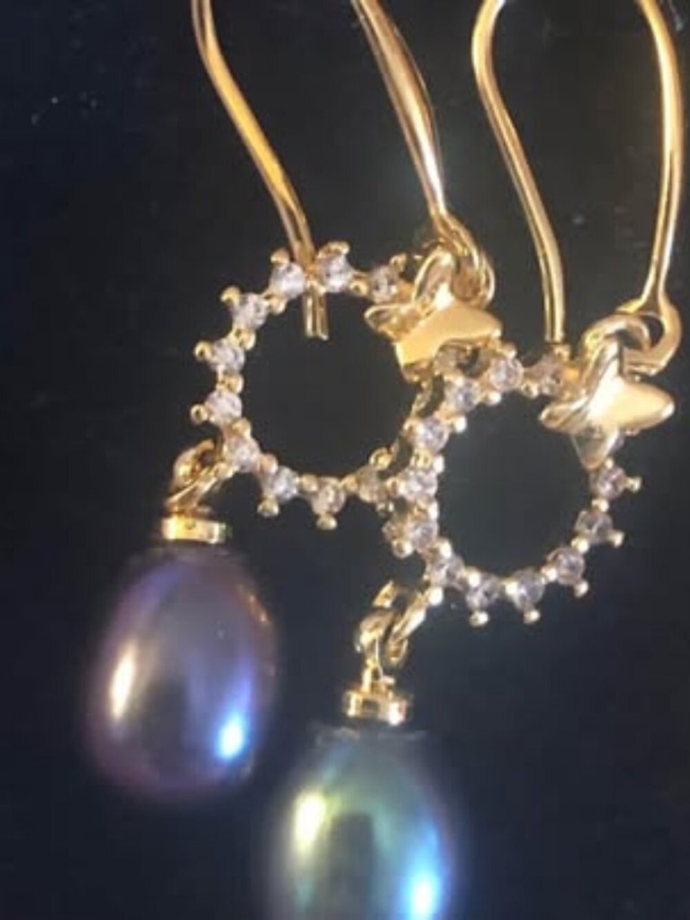 14K Gold Filled Blue-Purple Sea Pearl Crystal Pendant Ear Hook Earrings